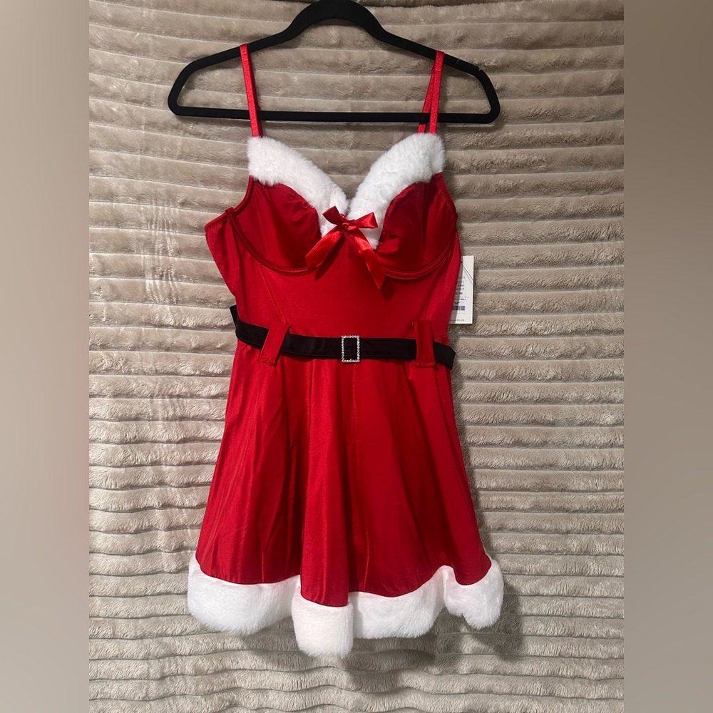 Red Holiday Fleece-Trim Chemise Nightdress